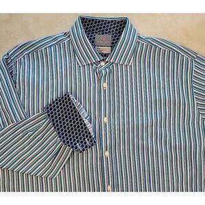 Thomas Dean TD Mens Long sleeve shirt button down green stripe flip cuff Size XL